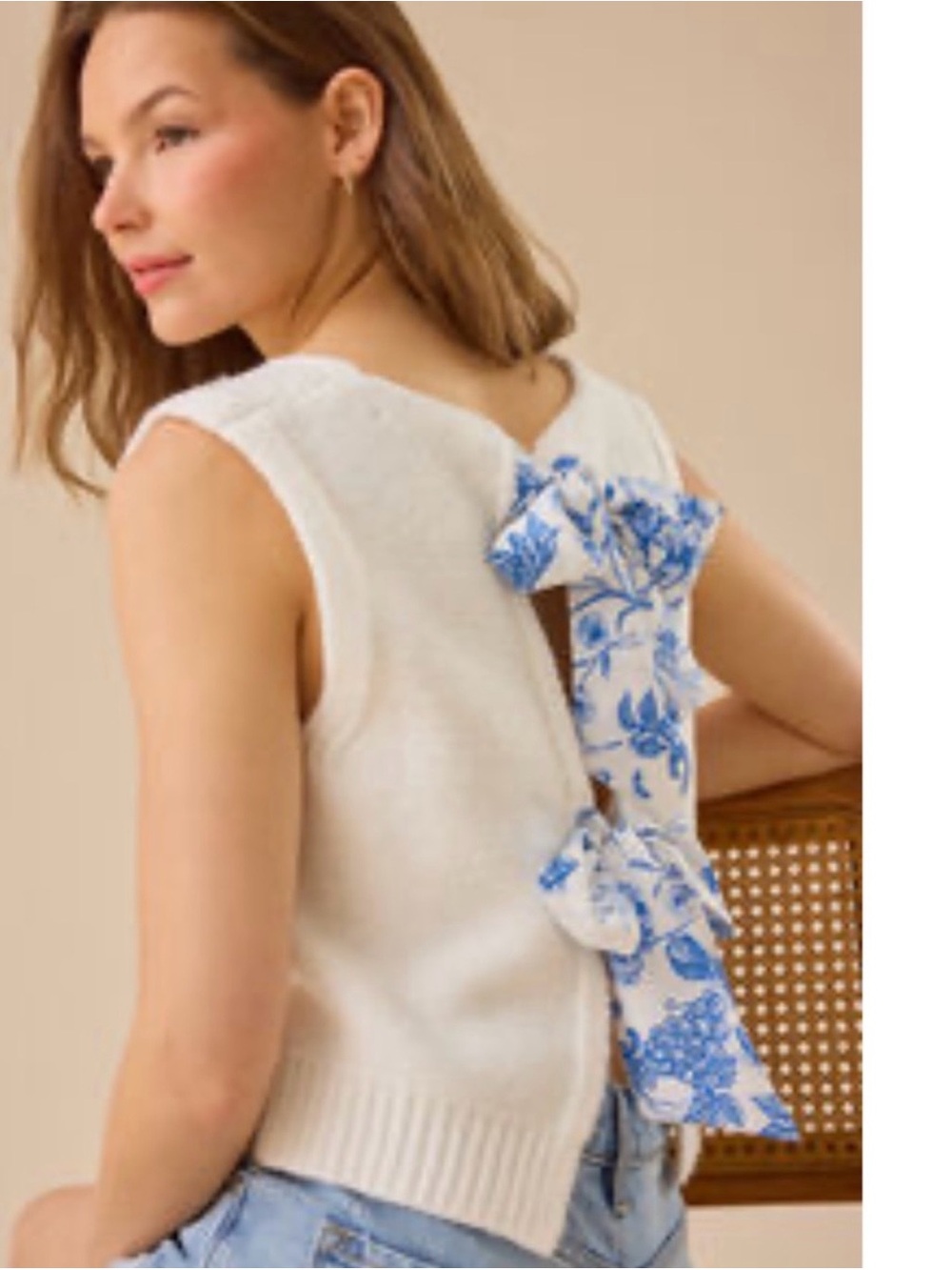 Altar'd State Cream Knit Tank with Blue Floral Bow Back